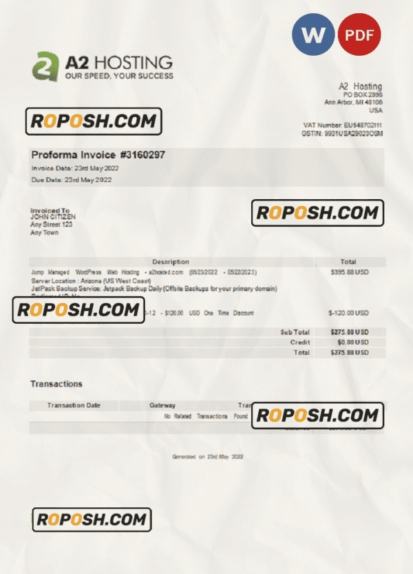 USA A2 Hosting invoice Word and PDF template