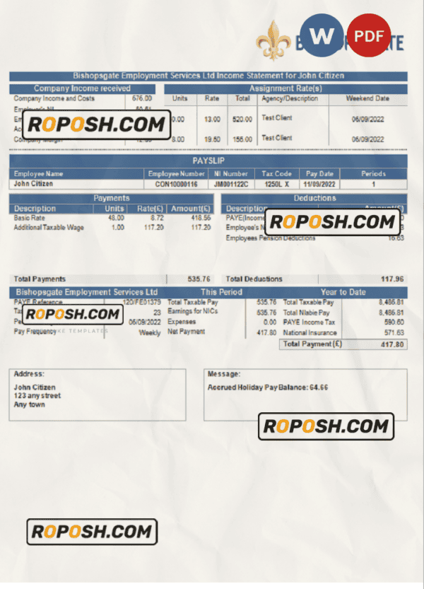United Kingdom Bishopsgate payroll services company pay stub Word and PDF template