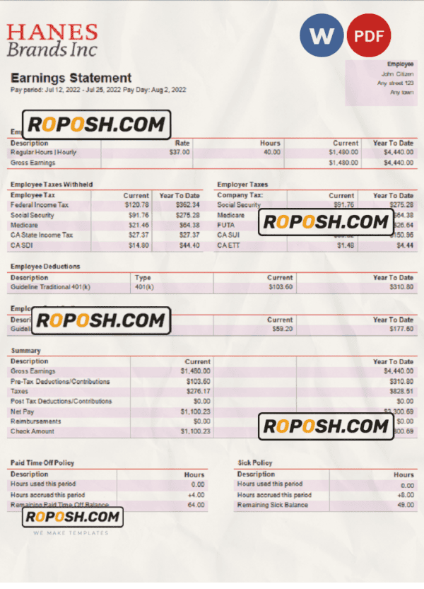 USA clothing company earning statement template in Word and PDF format