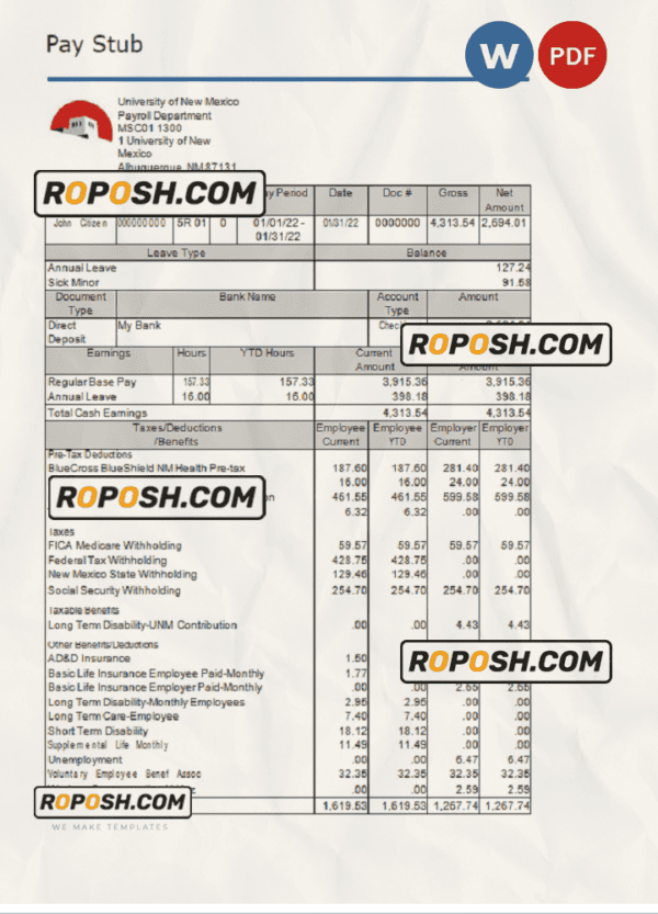 USA educational company employee sheet template in Word and PDF format, version 2