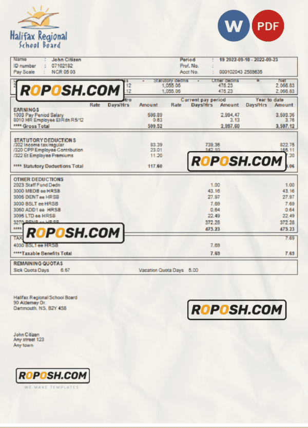 USA educational earning statement template in Word and PDF format