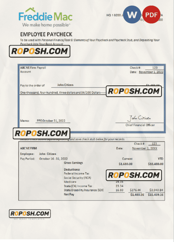 USA financial company employee sheet template in Word and PDF format, version 3