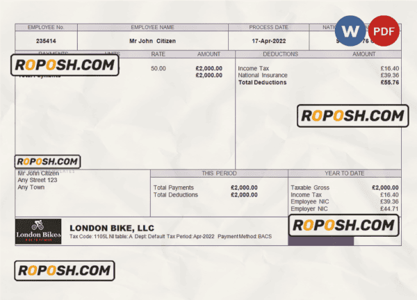 UK biking company employee sheet template in Word and PDF format