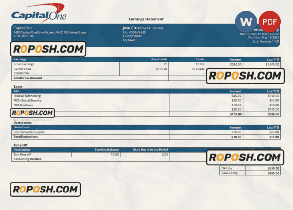 USA Capital One banking company pay stub Word and PDF template
