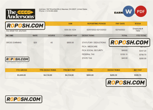 USA food production company employee sheet template in Word and PDF format