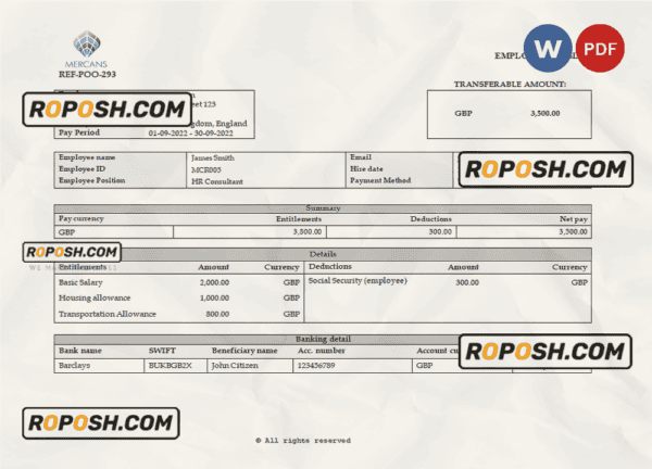 United Kingdom Mercans Global Payroll Solutions & Services payroll company pay stub Word and PDF template