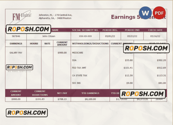 USA insurance company earning statement template in Word and PDF format