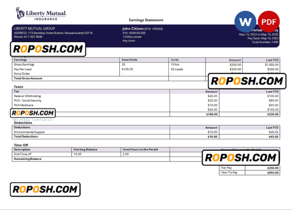 USA insurance company earning statement template in Word and PDF format, version 2