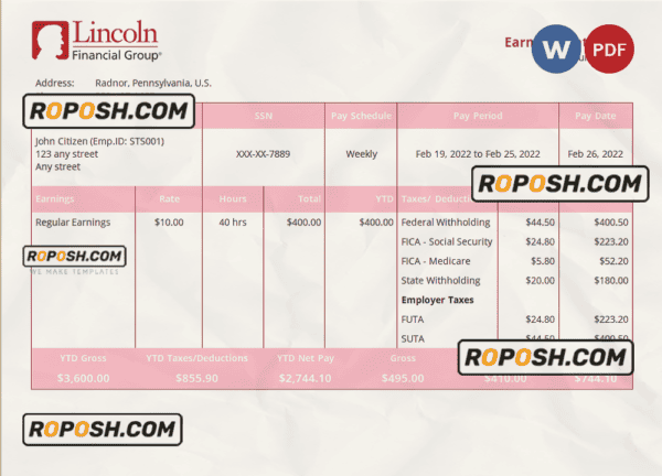 USA insurance company employee sheet template in Word and PDF format, version 2
