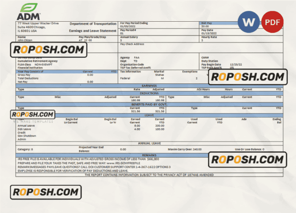 USA ADM food processing company pay stub Word and PDF template