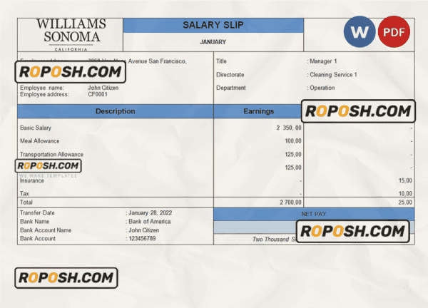 USA retail company employee sheet template in Word and PDF format, version 2