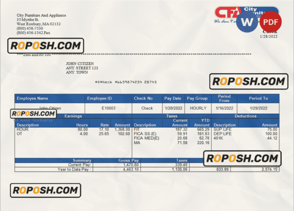 USA furniture & appliances employee sheet template in Word and PDF format