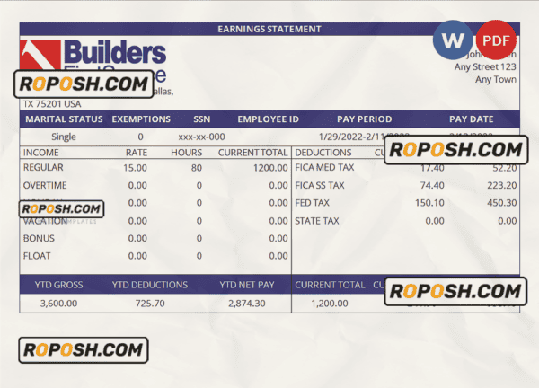 USA building materials earning statement template in Word and PDF format