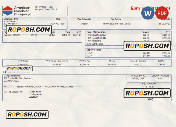 USA American Excelsior distribution company pay stub Word and PDF template