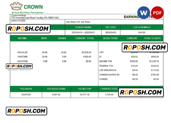 USA packaging company employee sheet template in Word and PDF format