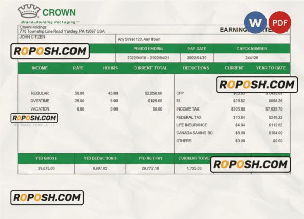 USA packaging company employee sheet template in Word and PDF format