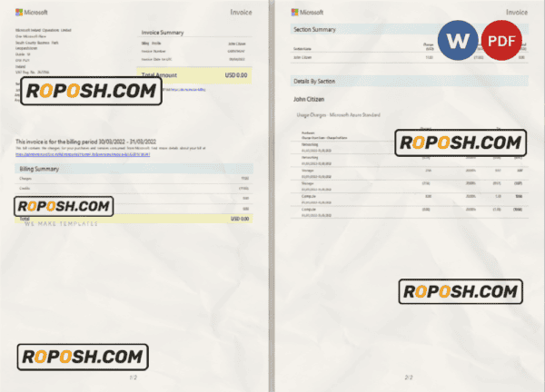 Ireland Microsoft Ireland Operations Limited invoice Word and PDF template, 2 pages