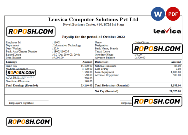 India Lenvica computer solutions company pay stub Word and PDF template