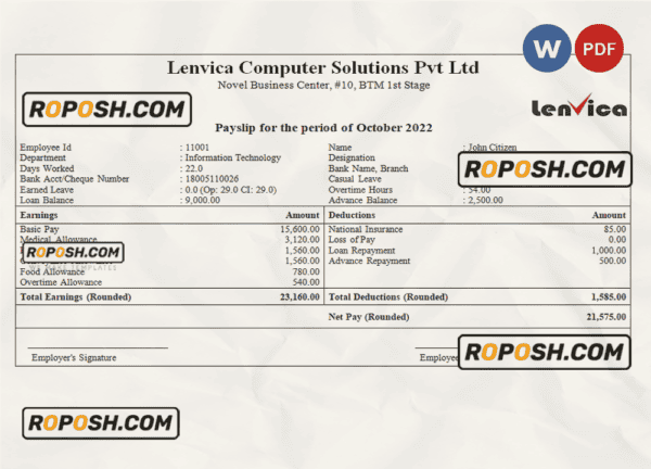 India Lenvica computer solutions company pay stub Word and PDF template
