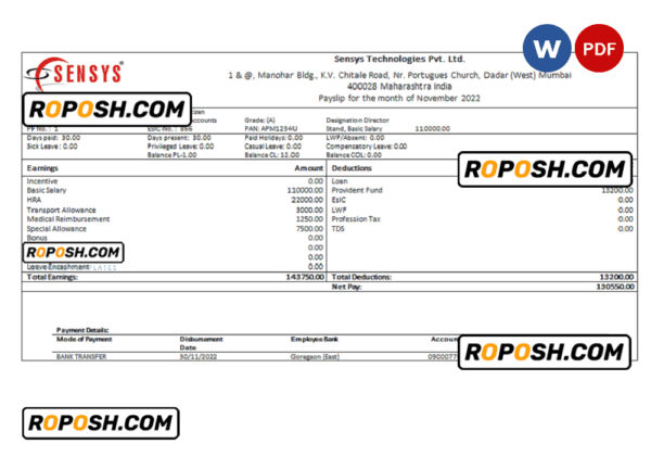 India Sensys technologies Pvt IT technologies pay stub Word and PDF template