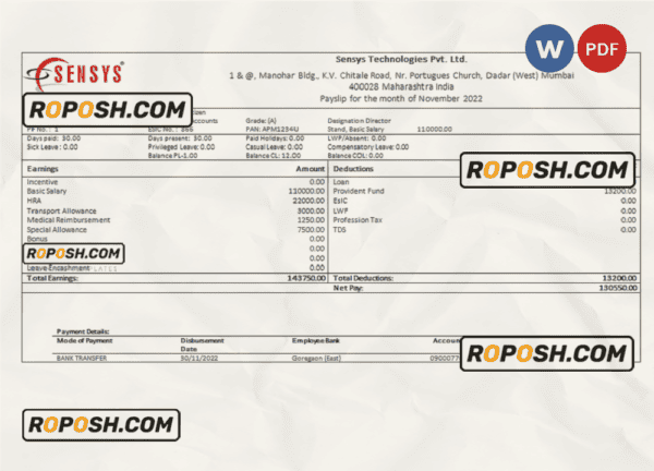 India Sensys technologies Pvt IT technologies pay stub Word and PDF template