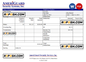 USA AmeriGuard Security Services Inc security company pay stub Word and PDF template
