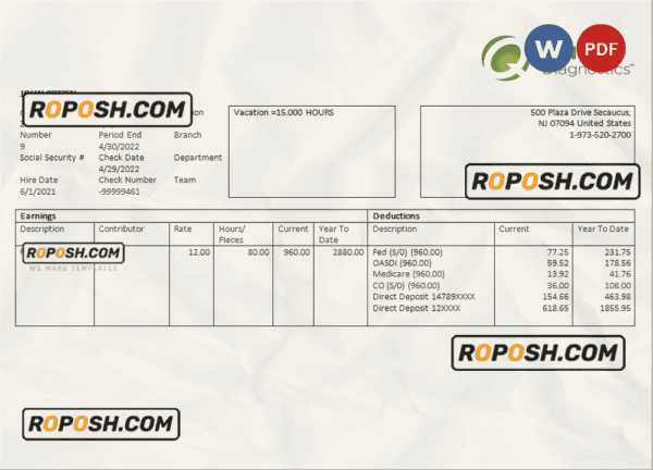 USA diagnostic company employee sheet template in Word and PDF format