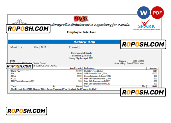 India Service and Payroll Administrative Repository for Kerala payroll company pay stub Word and PDF template