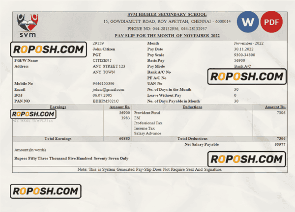 India SVM HIGHER SECONDARY SCHOOL educational company pay stub Word and PDF template