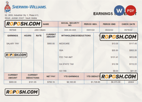 UAE Sherwin-Williams Paints paint manufacturing company pay stub Word and PDF template
