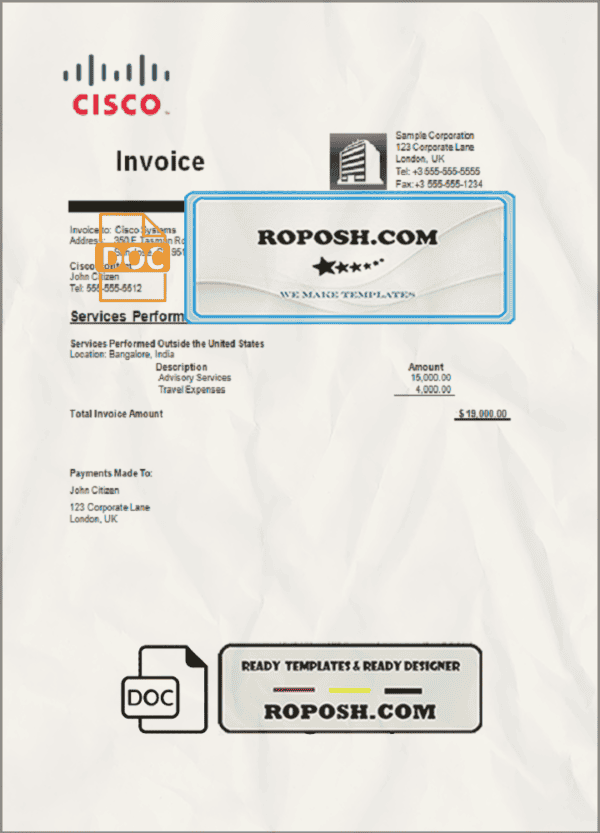 USA Cisco invoice template in Word and PDF format, fully editable