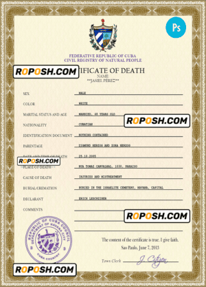 Cuba vital record death certificate PSD template, completely editable