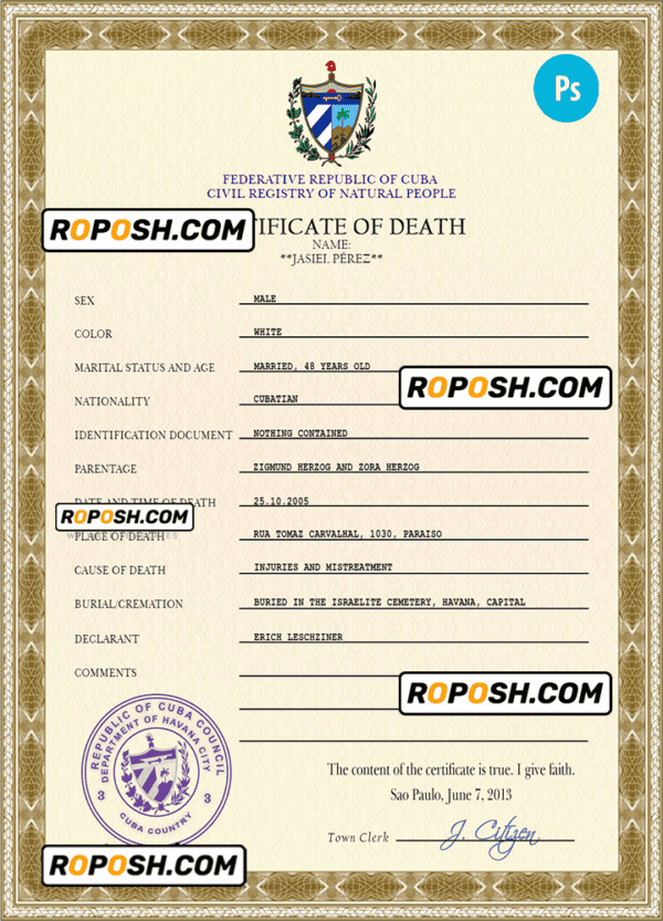 Cuba vital record death certificate PSD template, completely editable
