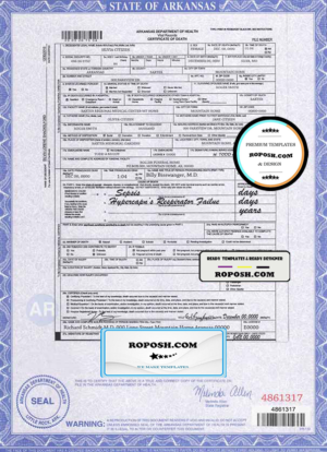 USA state Arkansas death certificate template in PSD format, fully editable