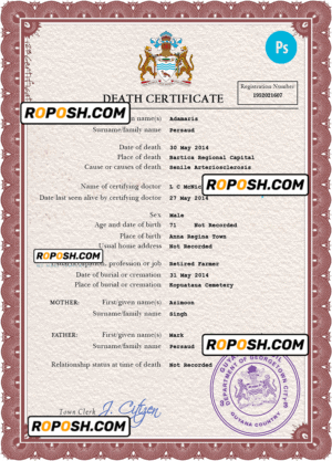 Guyana vital record death certificate PSD template