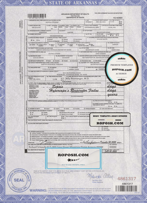 USA state Arkansas death certificate template in PSD format, fully editable