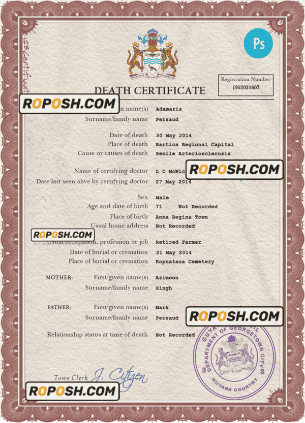 Guyana vital record death certificate PSD template