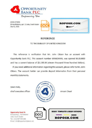 South Sudan Opportunity Bank bank reference letter template in Word and PDF format