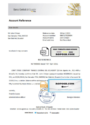 Ecuador Central Bank of Ecuador bank account reference letter template in Word and PDF format