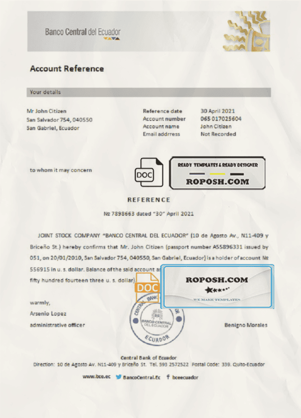 Ecuador Central Bank of Ecuador bank account reference letter template in Word and PDF format
