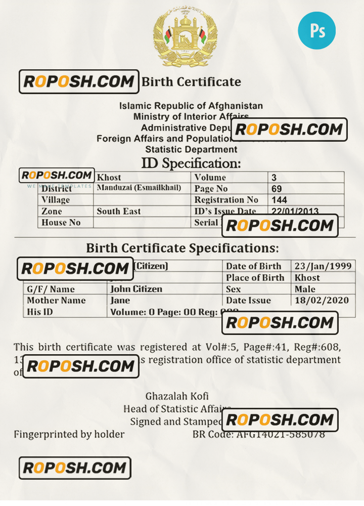 AFGHANISTAN vital record birth certificate editable PSD template