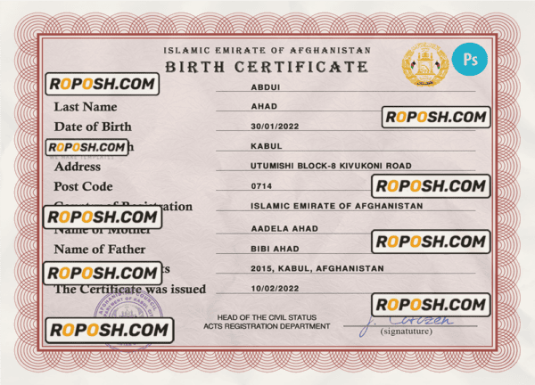 Afghanistan vital record birth certificate PSD template, completely editable