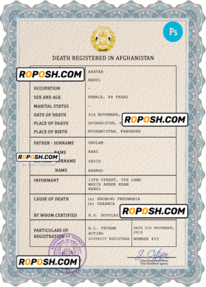 Afghanistan vital record death certificate PSD template