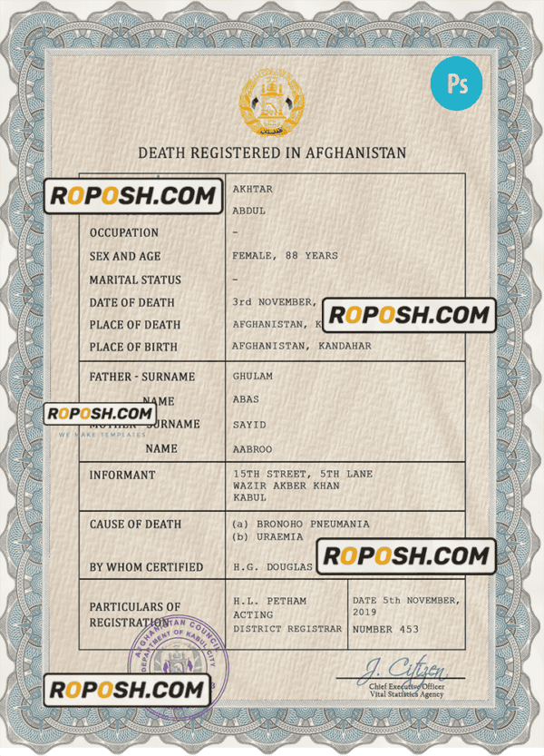 Afghanistan vital record death certificate PSD template