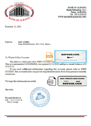 Albania Bank of Albania bank reference letter template in Word and PDF format
