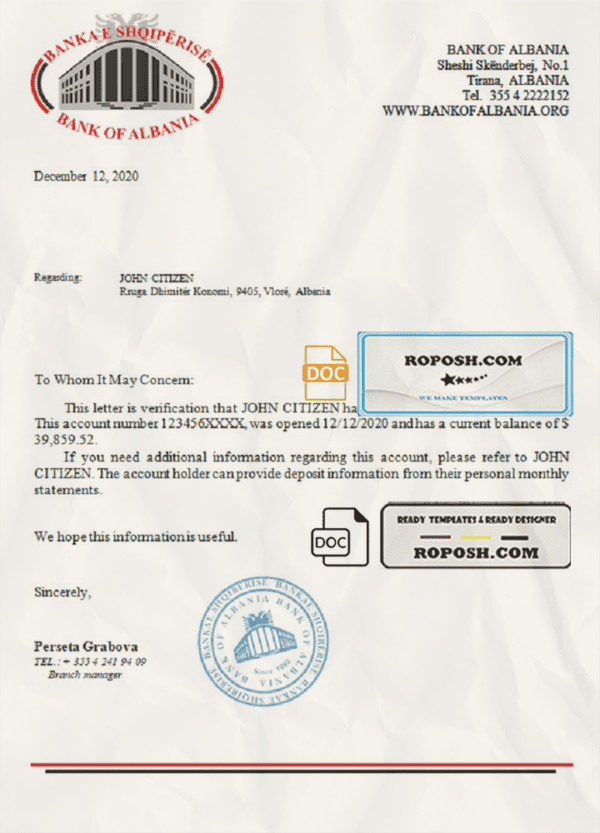 Albania Bank of Albania bank reference letter template in Word and PDF format