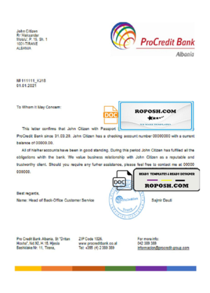 Albania ProCredit bank reference letter template in Word and PDF format