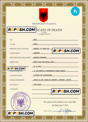 Albania death certificate PSD template, completely editable