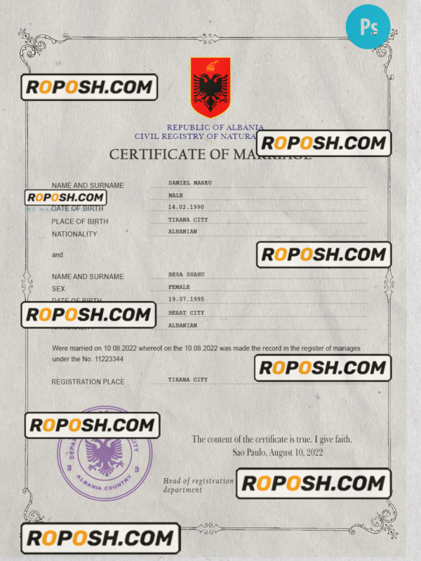 Albania marriage certificate PSD template, completely editable scan effect