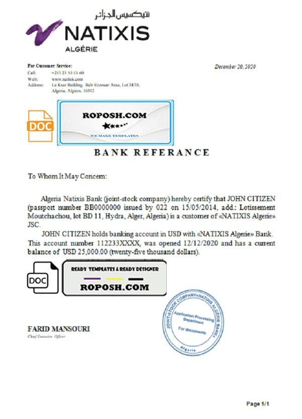 Algeria Natixis Algerie bank reference letter template in Word and PDF format